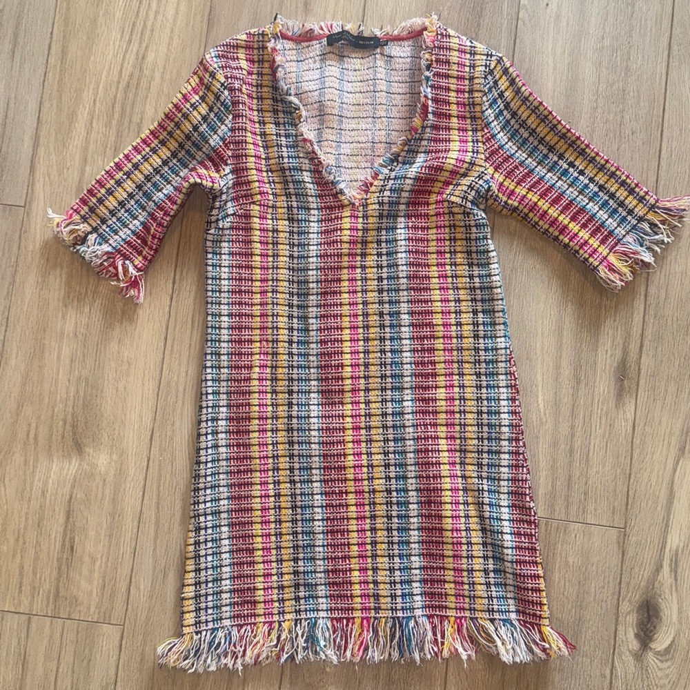 REVOLVE x HOUSE OF HARLOW Parker Woven Knit Tweed Fringe Multicolor Mini Dress